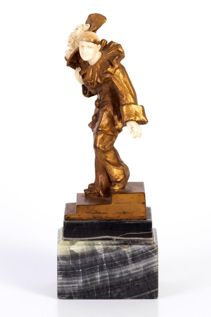 Viennese Bronze & Carved Organic Material Sculpture, Figure of Sad Clown w/ Flower Bouquet, circa (1 of 4)