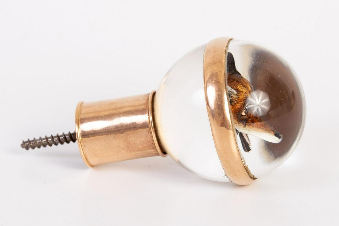 Victorian Walking Cane Grip Made of 10K Gold & Essex Crystal Fox Head Carving, England - 19th (1 of 7)