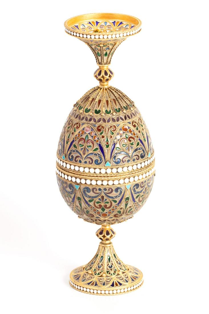 Russian Egg Made of Gilded Silver Decorated w/ PliqueÃ€Jour Enamel