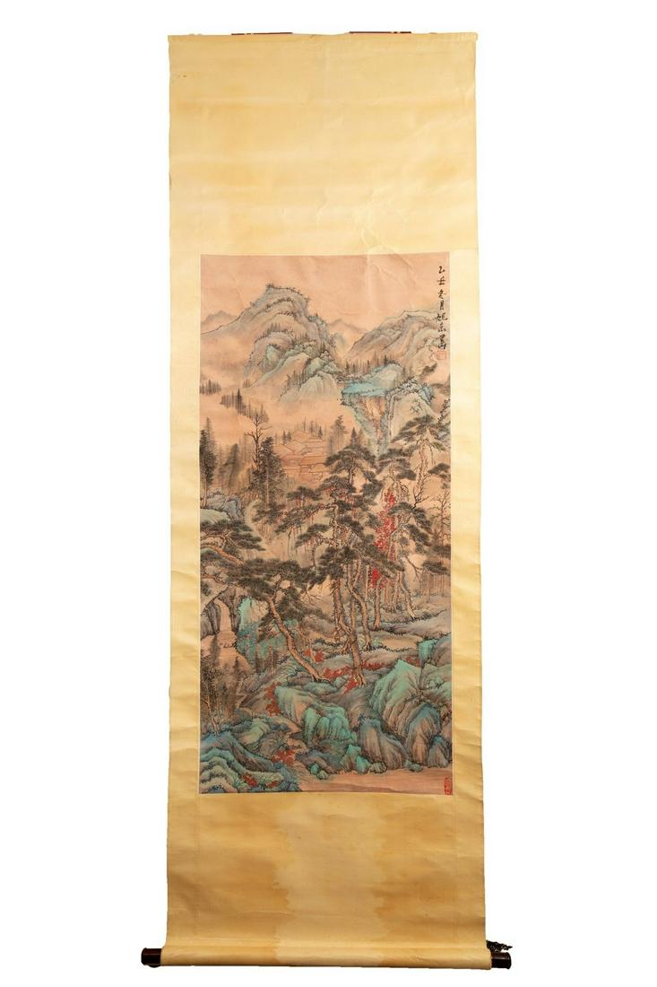 Chinese Scroll Painting Depicting a Fisherman On His Way Back to the Village in China: Impressive scroll painting in watercolors depicting a fisherman making his way back home in the village residing up the mountain next to the river and the abundant plantation, Chinese inscriptions and