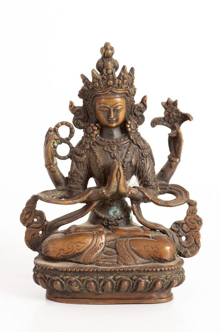 Antique Tibetan Statuette Made of Bronze w/ Brown Patina in the Figure of Buddha: Antique Tibetan statuette made of bronze with brown patina in the figure of Buddha. Width: 9 cm Height: 13 cm