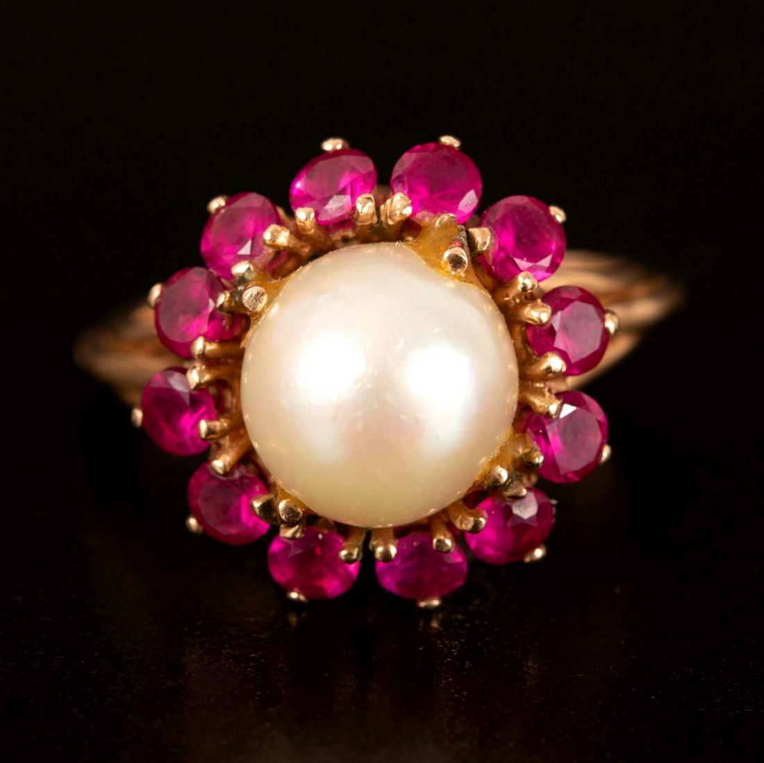 A Retro 14K Yellow Gold, Pearl and Ruby Ring (1 of 4)