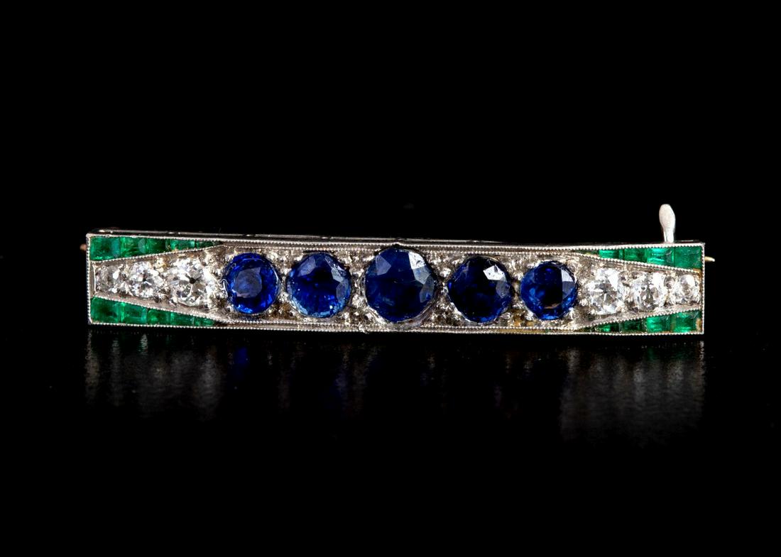 An Art Deco Platinum, Gemstone and Diamond Brooch (1 of 3)