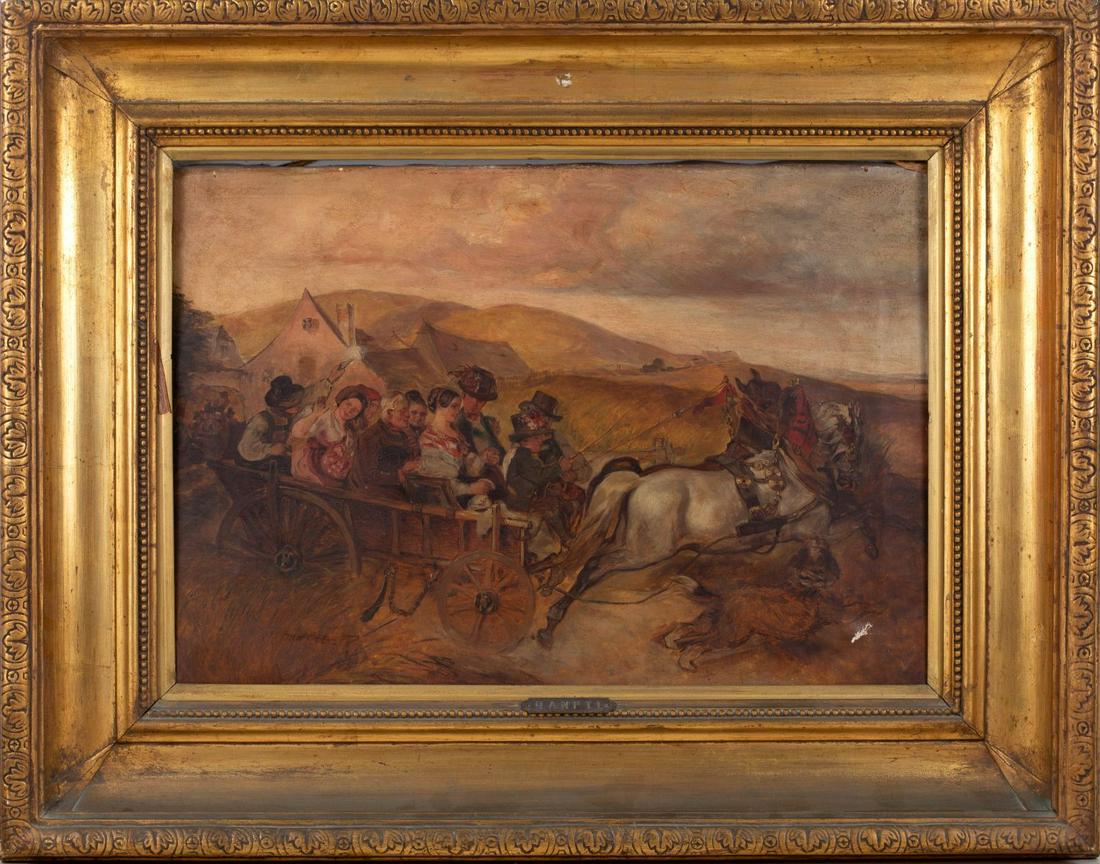 "Galloping Wagon" - Attributed to Mathias RANFTL (1805-1854): A painting depicting a wagon cart galloping over the town background. Oil on canvas, not signed (many of the artist's artworks are not signed). Fancy gilded frame, metal plaque with the artist's name 