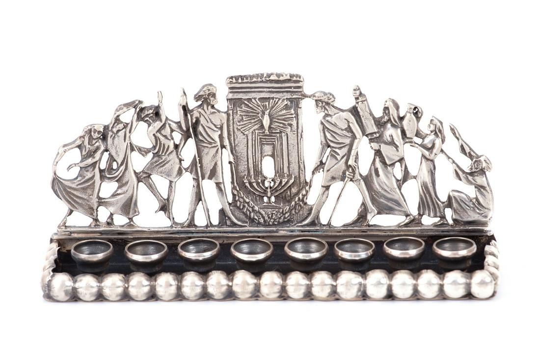 Silver Hanukkah Menorah Decorated W/ Scene Of The Miracle Of The Cruse