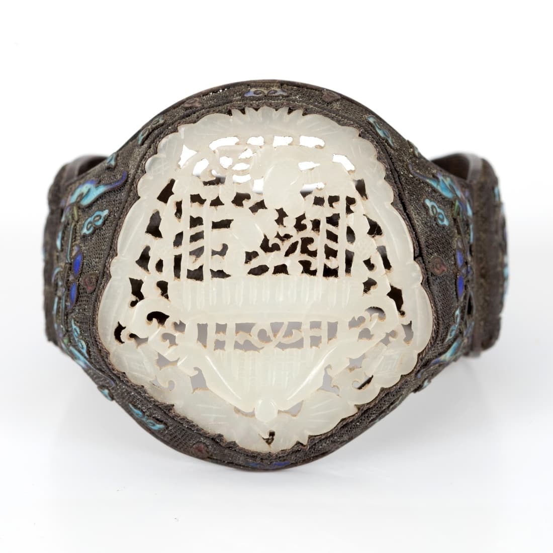 Old Chinese Silver Bracelet with Enamel and Large Jade (1 of 3)