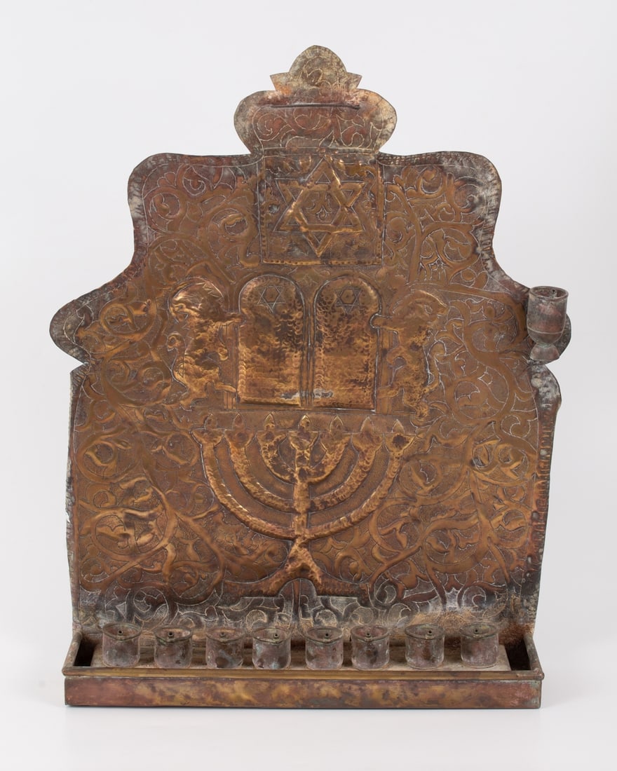 Tunisian Hanukkah Menorah from the early 20th century,: Large-dimensional Wall Hanukkah Menorah from an old synagogue in Acre. The back of the menorah is hand-carved with motifs of the Menorah from the Holy Temple, the Tablets of the Covenant, and the Lion