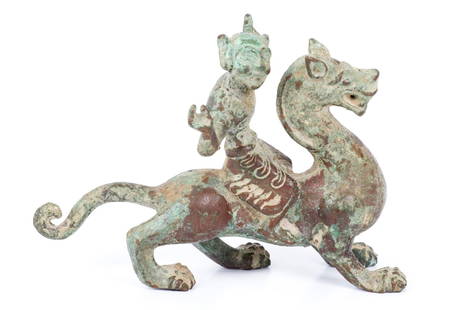 Ancient Chinese bronze statuette, Tang Dynasty, 8th century: A bronze statuette of a rider on a mythological animal, probably the Tang dynasty, 8th century. Length: 14 cm Height: 9 cm 