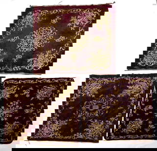Three Ottoman embroideries with Gilded Thread: Burgundy velvet squares, organic motifs around a central medallion Dimensions: 90-80 Minor tears