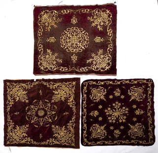 Three Ottoman embroideries with Gilded Thread: Burgundy velvet squares, organic motifs around a central medallion Dimensions: 90-80 Minor tears 