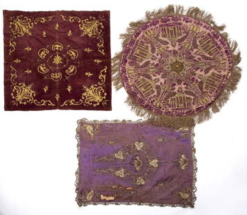 Three Ottoman embroideries: Two round-shaped embroideries and one square-shaped embroidery, featuring golden metallic threads and silver threads. Motifs depict a mosque with floral patterns. Dimensions: 80/90 cm. Tears and