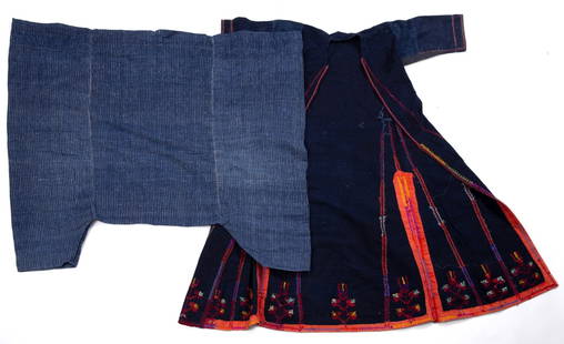 Druzi Indigo Embroidered Kaftan and Pants - Early 20th C: the pants are indigo with white stripes. The robe is indigo and embroidered with colorful warm colors of floral and organic patterns. Robe 122x38 cm Pants 98x85