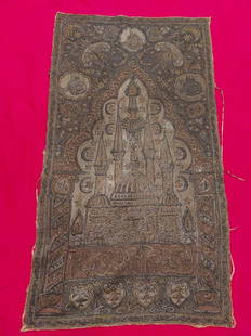 Elaborate Ottoman silver embroidery - Turkey 19th c: Impressive embroidery depicting a mosque (Aya Sophia?) and verses in Arabic calligraphy around it. Medallions indicating the Sultan's tughra on the head in embroidery. The edges of the fabric are