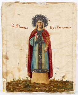 19th-century Russian icon 'Saint Alexandra' with embroidery: Unique Russian Orthodox icon of Saint Alexandra of Rome, hand-painted in oil on canvas for the face and hands, combined with high-quality silk embroidery as the background, adorned with various beads.