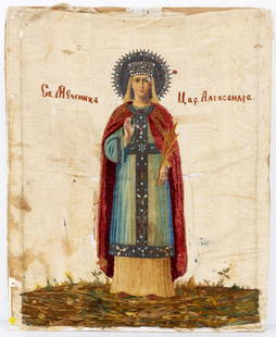 19th-century Russian icon 'Saint Alexandra' with embroidery: Unique Russian Orthodox icon of Saint Alexandra of Rome, hand-painted in oil on canvas for the face and hands, combined with high-quality silk embroidery as the background, adorned with various