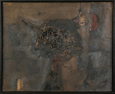 Igael Tumarkin, 1959 -Machine Head: oil and assemblage on canvas, mixed media with use of metal nails and paint. Signed and dated. 65x81 cm
