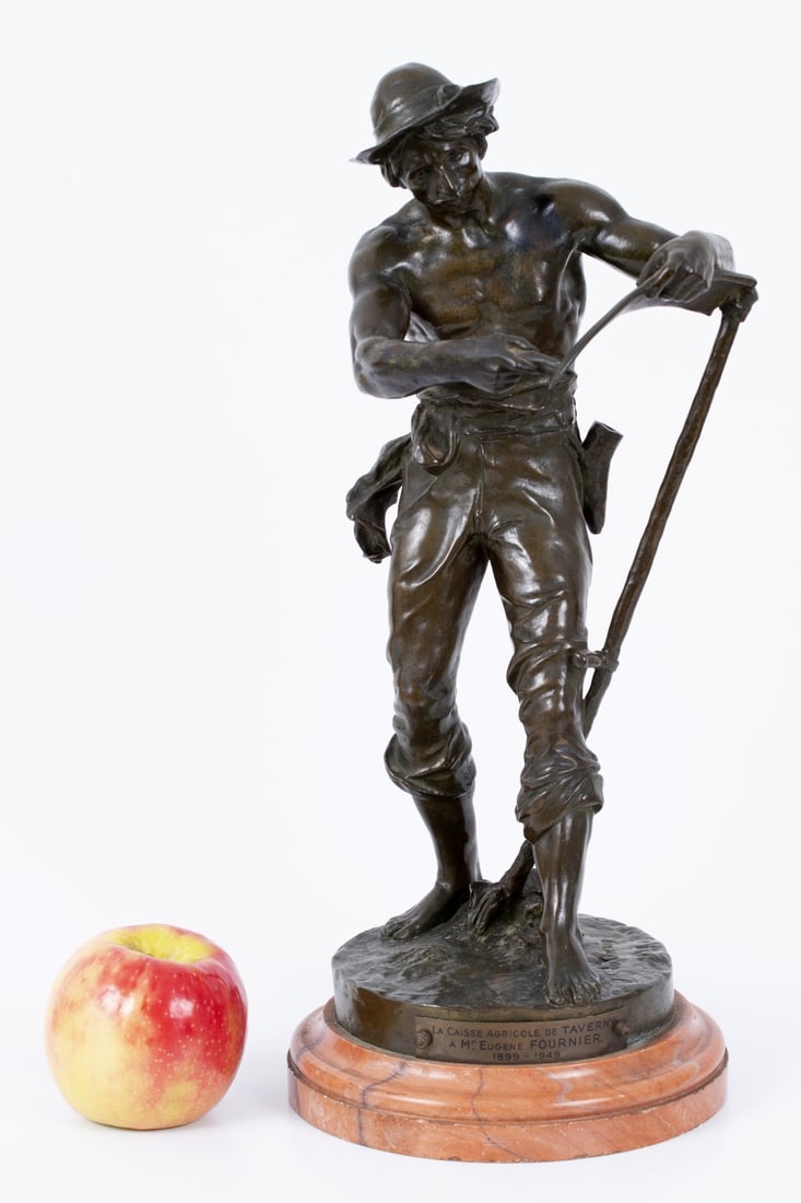 Jean Gautherin, French, (1840-1890), Le Faucheur (The Reaper), Bronze, signed: A statue depicts a peasant sharpening his harvesting sickle. Flying theme pays tribute to a well-known French geologist The statue rests on a red marble pulpit Dimensions: 16-38 cm