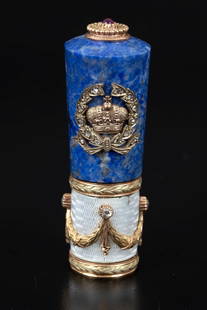 14K gold handle with engraved enamel, Russian Imperial fashion: A 14K gold walking stick or umbrella handle, signed and acid-tested, adorned with engraved light blue guilloché enamel, featuring gold appliqués in an arched pattern and four diamonds. I