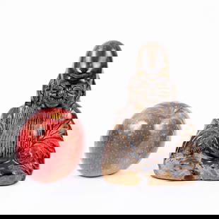 An old Asian pottery figure of a mythological figure: Probably describes the character Fukurokuju, one of the gods of luck in Japanese mythology Pottery decorated with a brown glaze Dimensions: 11-14 cm A sign of an old restoration 