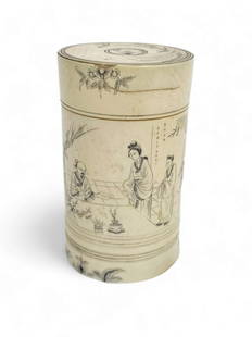 An old Chinese box made of carved material: An ethnic scene that is engraved in the center of the item, flanked by a long scroll in miniature calligraphy, birds and flowers Dimensions: 9-5.2 cm Minor chips and imperfections 