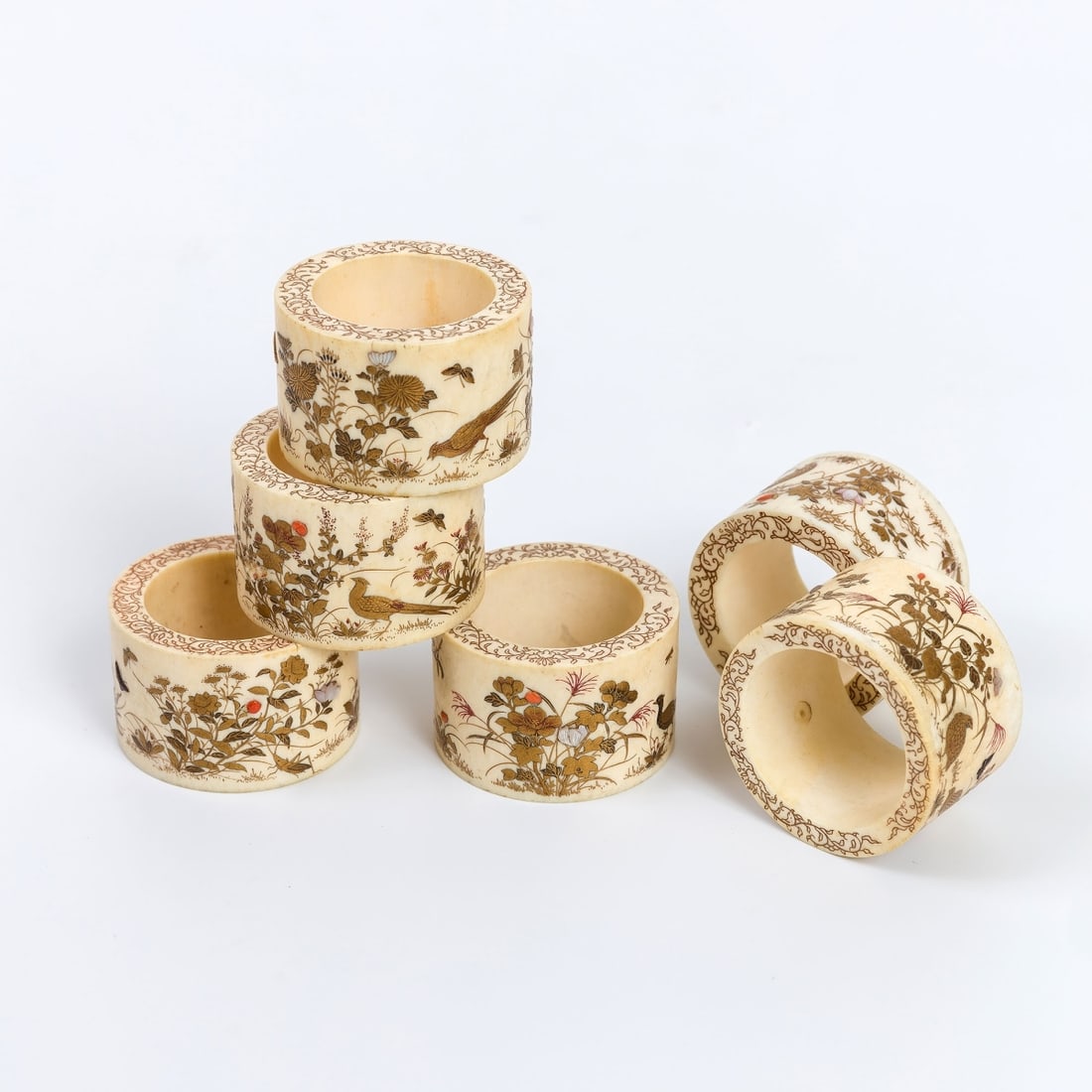 Six antique Japanese napkin holders, lacquered wood, gemstones. (1 of 10)