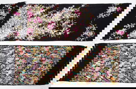 Two Indian textiles: Colorful embroideries depicting roses and birds, the second embroidery is filled with depictions of animals and birds. Size: 180-60 cm.