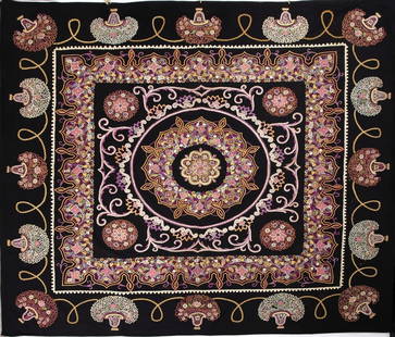 Persian embroidery (rasht) of large dimensions: Colorful embroidery full of details in an organic pattern on a black background Dimensions: 200-200 cm