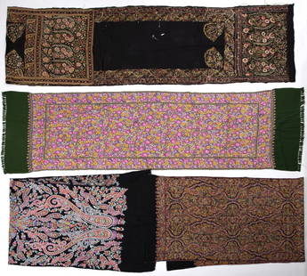 A collection of embroidered Indian scarves: Four scarves adorned with beautiful floral embroidery. Dimensions vary around 160-50 cm. Minor tears.
