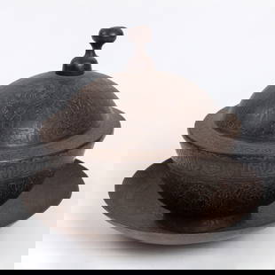 An antique Persian steel vessel with a matching base: The vessels are adorned with countless beautiful engravings depicting Persian folk scenes. The set includes a bowl, a lid, and a large base. Dimensions: 23-25 cm.