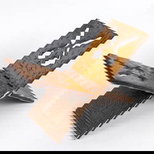 An antique Islamic Koran stand with intricate inlay work, Persian: A book stand crafted from white jade adorned with gold and enamel in tight arabesque patterns. Dimensions: 47-30 cm Minor imperfections.