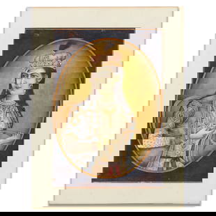 antique Indian painting: Impressive watercolor depicting a noble Indian girl in fancy dress holding a fan. The painting is decorated with a lot of gilding Dimensions: 27-38 cm