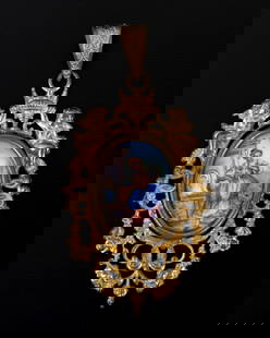 Victorian pendant adorned with enamel, with a gold plated frame: A European Victorian pendant from the late 19th century, adorned with a hand-painted enamel plaque depicting a lady beside a well. It features an ornate frame embellished with engraving and