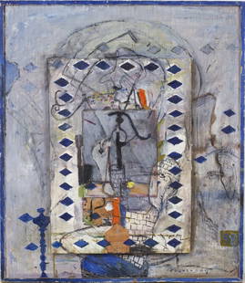 Tzvi Tolkovsky (b. 1934) "The Well of Water": The piece depicts an old water pump against a wall background Mixed media (mixedmedia) wooden panels combined with glass and paint signed Dimensions: 58-55 cm Easy chip 