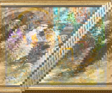 Moshe Chausky (Poland - Israel, 1935-2014) "Returning from the Western Wall": An impressive and high-quality painting depicting a scene with a Jewish figure on a stick with the tefillin under his hand passing through the Arab market Oil on wood, signed and dated (June 2011),