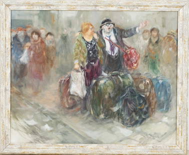 Moshe Chausky (Poland - Israel, 1935-2014) "The Russian Ascension 1991": A painting depicting an elderly couple surrounded by suitcases while the man waves his hand in peace with the date 1991 representing the peak of immigration from the countries of the Soviet bloc to