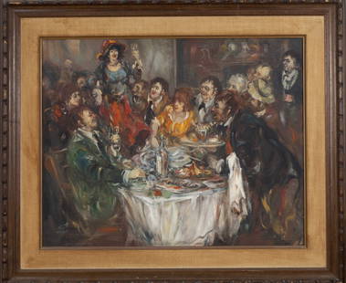 Moshe Chausky (Poland - Israel, 1935-2014) "Raising a toast": A scene with multiple participants depicting the raising of a toast at a festive dinner. Oil on canvas, signed and framed. Painting dimensions: 60-70 cm. With frame: 100-86 cm.