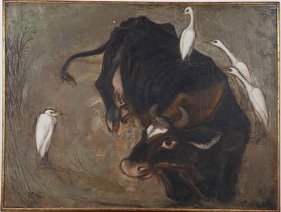 Shraga Weil (1918-2009) "Herons": A large and impressive oil painting depicting a bull lying in a meadow surrounded by a flock of white herons Signed (also on the back of the painting) dated (1954) the painter wrote the name of the