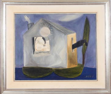 Naftali Bezem (1924-2018) "lovers" - Oil on Canvas: A painting depicting a love scene with a night view in the background Signed and framed. Dimensions: 50X60 cm Including frame: 72X84 cm Minor paint peeling. 