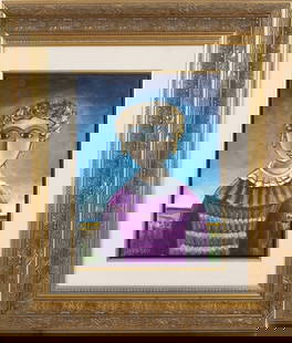 Girl and gold earrings Yossel Bergner (1920-2017) oil on canvas: A typical figure of the artist against the background of the sea horizon. Oil on canvas signed and framed. A certificate of authenticity signed by the artist accompanies the painting Dimensions of