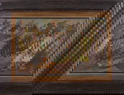 Attributed to Menachem Shemi (1897-1951) - "People in the Village", oil on canvas: Attributed to Menachem Shemi (1897-1951) - "People in the Village", Oil on canvas, signed. Wear and tear depending on age. Dimensions: 51x33 cm Frame dimensions: 74x56 cm 