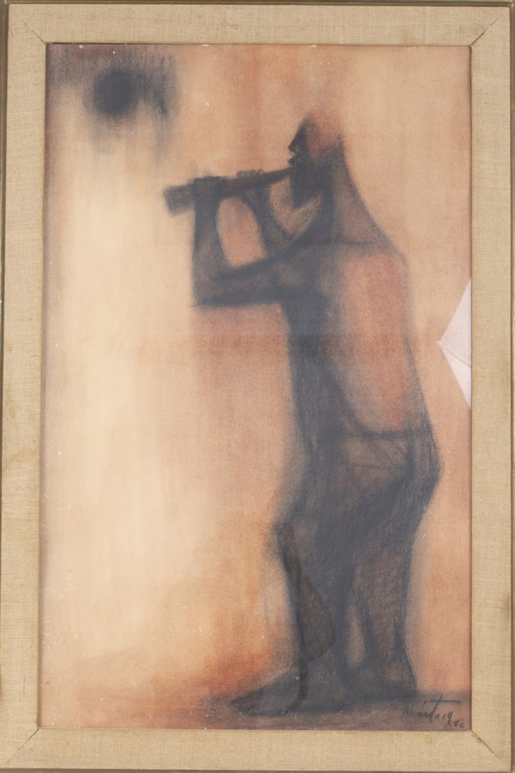 Playing the Flute" - large painting by Ernesto Alcantara (Mexico, b. 1933) (1 of 3)
