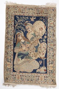 Persian rug of the Nain style: The center of the rug depicts a scene of two girls dressed in traditional attire playing a drum and a musical instrument. The background of the rug is in light cream color, while its center stands