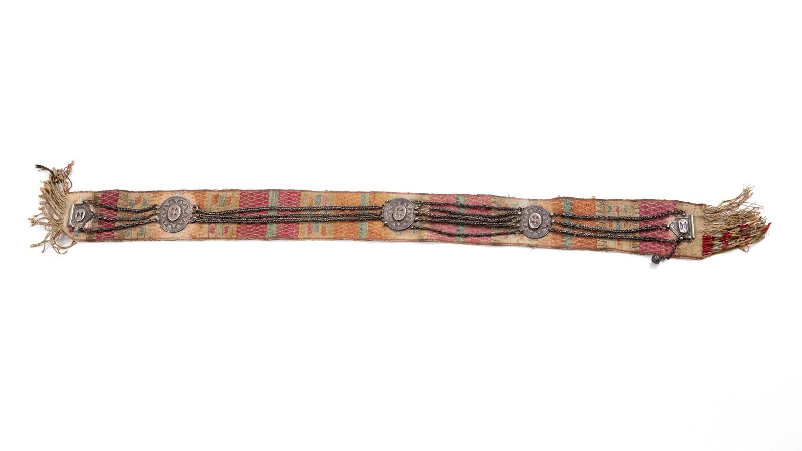Ancient Uzbek belt embroidered with silver, 19th century: A cloth strap embroidered with a colorful rhombus pattern combined with a silver belt consisting of straps and five large silver pendants Item length: 100 cm The size of the pendants: 4-5.5 cm Total w