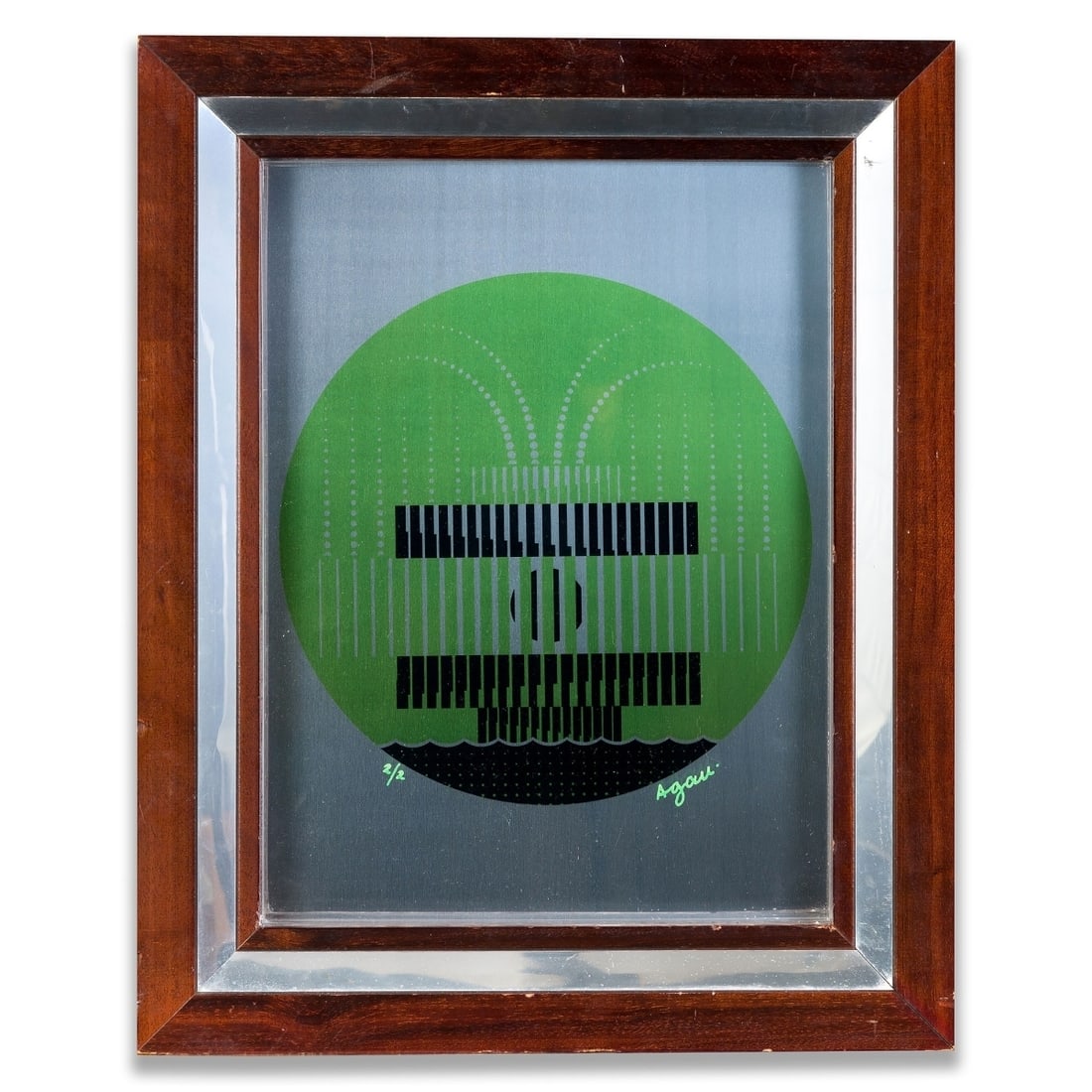 Yaakov Agam (b. 1928) signed and numbered metal print: A print depicting the fountain in Zina Dizengoff Square in Tel Aviv. From 2/2. and signed Framed in a matching frame that incorporates a metal band that matches the entire work. Dimensions: 53-42 c