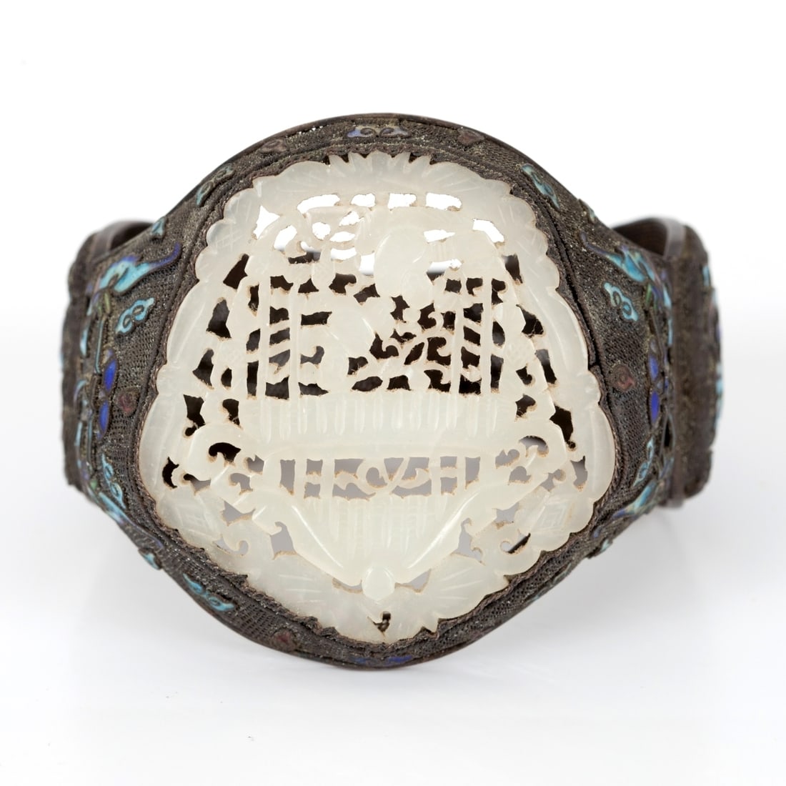 Old Chinese Silver Bracelet with Enamel and Large Jade (1 of 9)