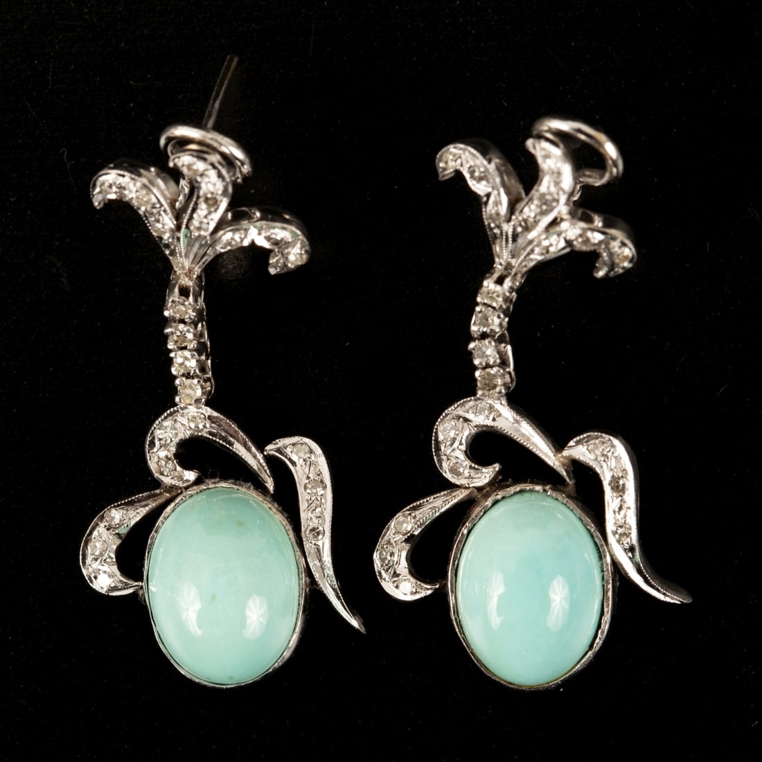 A pair of antique white gold, turquoise and diamond earrings (1 of 4)