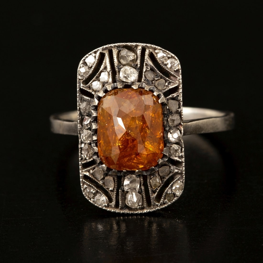 Art Nouveau Ring Set w/ Natural Fancy Intense Orange Diamond Integrated w/ Rose Cut Diamonds (1 of 5)
