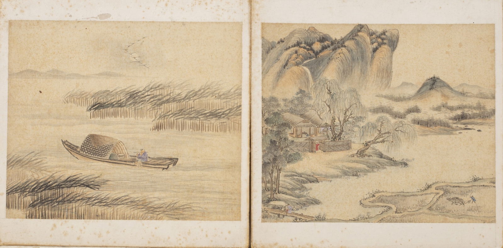 two old chinese paintings on silk: Landscape paintings depicting a village on the shore of a river, and a fishing boat. Paint on silk Dimensions: 24-28 cm some stains