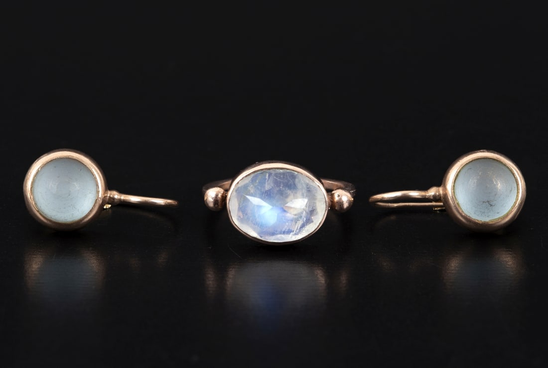 A Set of 14K Gold and Moonstone Earrings and Ring (1 of 3)