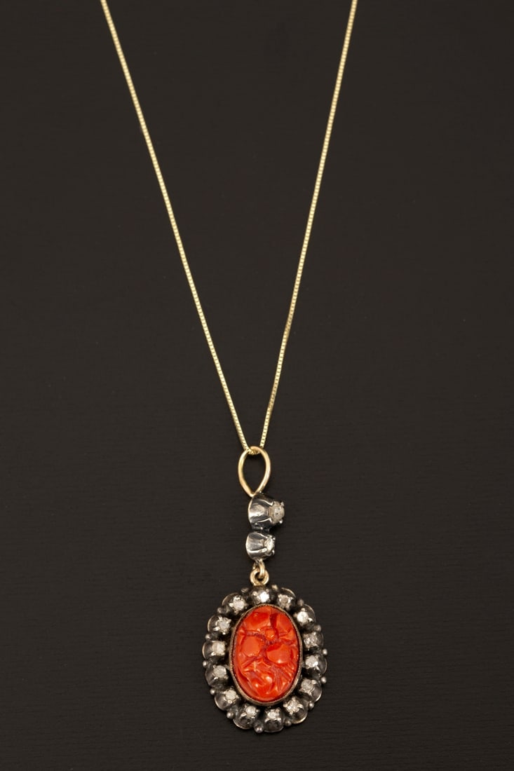 An Antique 14K Gold Coral and Diamond Necklace (1 of 4)